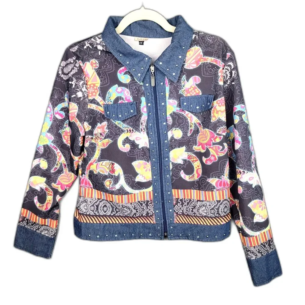 Cubism Full Zip Jacket Navy Multicolor M Rhinestone Art To Wear Vintage 90s